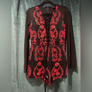 Sexy Sheer Lace Up Embroidered Rose Romper Size Large